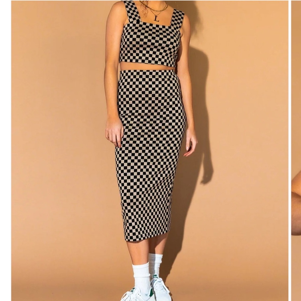 Dressed in LALA Checkered Midi Skirt - Black and Tan